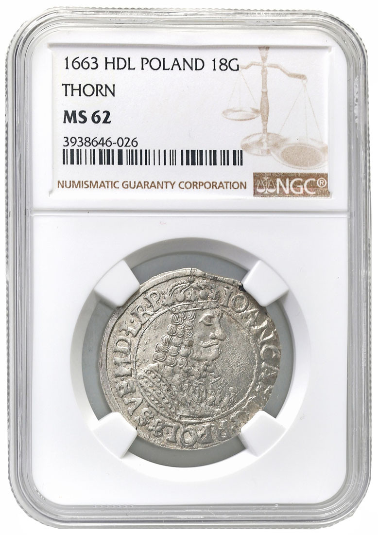 Jan ll Kazimierz. Ort (18 groszy) 1663, NGC MS62 Toruń - PIĘKNY